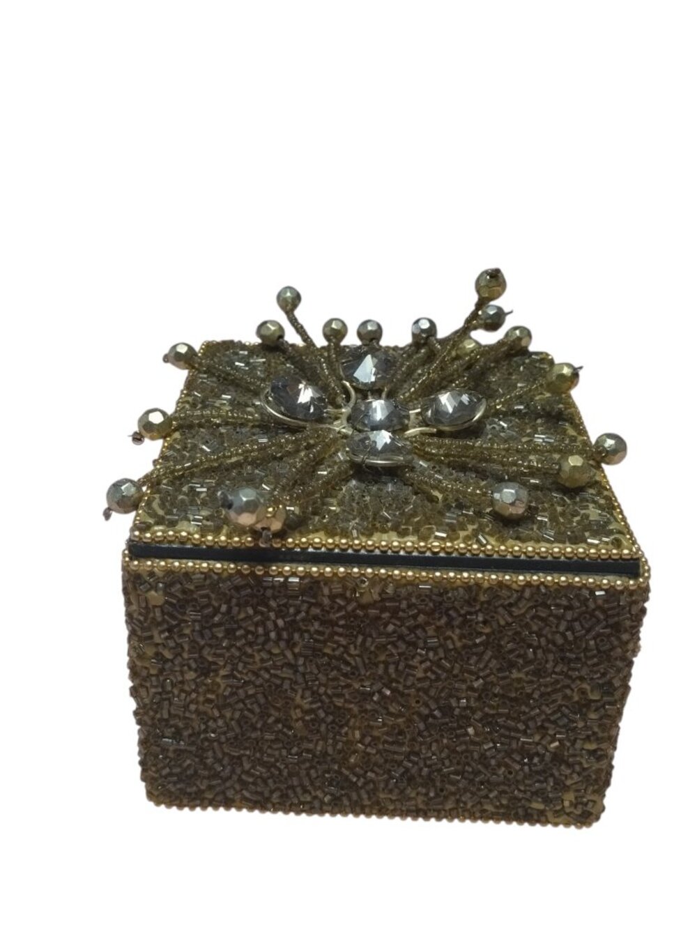 Beaded Square Gold Trinket Jewelry Box Removeable Cover Sparkle Whimsy Ornate